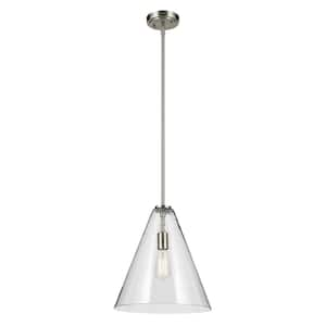 Everly 14.25 in. 1-Light Brushed Nickel Modern Shaded Cone Kitchen Hanging Pendant Light with Clear Glass