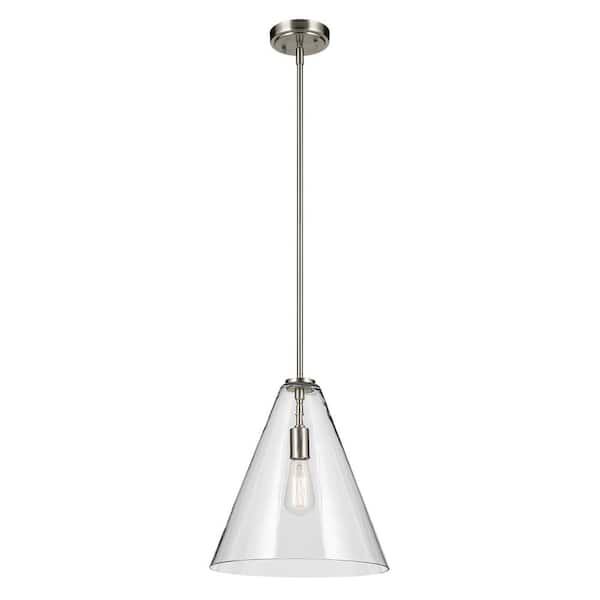 KICHLER Everly 14.25 in. 1-Light Brushed Nickel Modern Shaded Cone Kitchen Hanging Pendant Light with Clear Glass