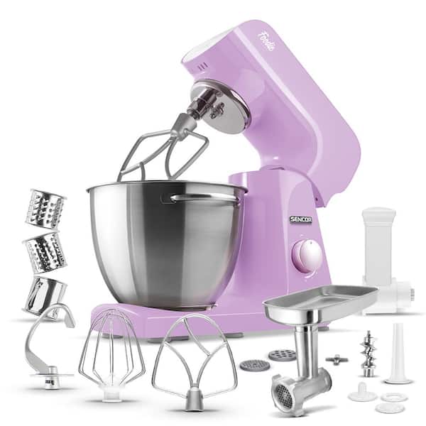 Sencor 4.75 Qt. 8-Speed Pastel Violet Stand Mixer with Beater, Whisk, Food Grinder and Dough Hook Attachments
