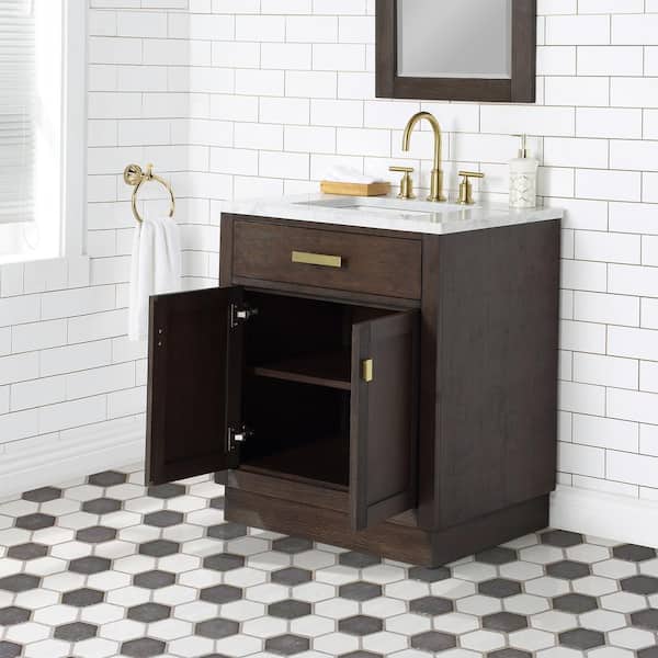 Chestnut 30 in.W x 21.5 in.D x 34.2 in.H Single Sink Bath Vanity in Brown Oak with Carrara White Marble Top and Mirror