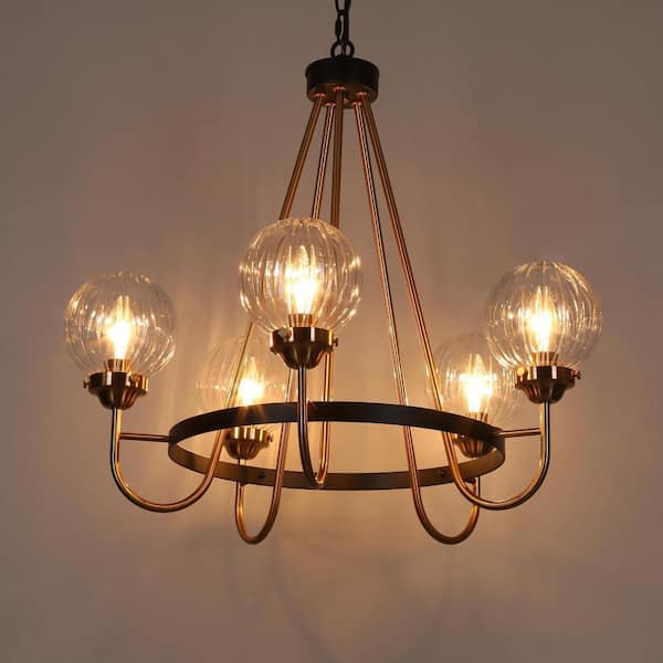 5-Light Brass Chandelier Lighting, Sputnik Pendant Lights for Kitchen Island, Modern Black Chandelier with Round Glasses