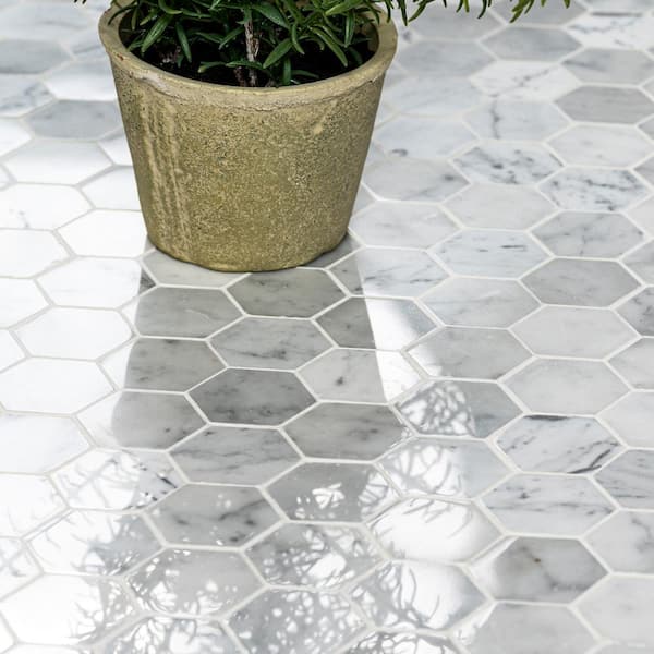 MSI - Carrara White Hexagon 12 in. x 12 in. x 10 mm Polished Marble Mesh-Mounted Mosaic Floor and Wall Tile (10 sq. ft. /case)
