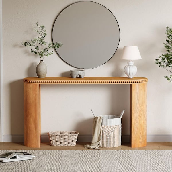 CHRISTOPHER KNIGHT HOME Lark Modern Vintage 59.84 in. Brown Oval MDF Wood Console Table with Beaded Trim, Reversible Curved Legs