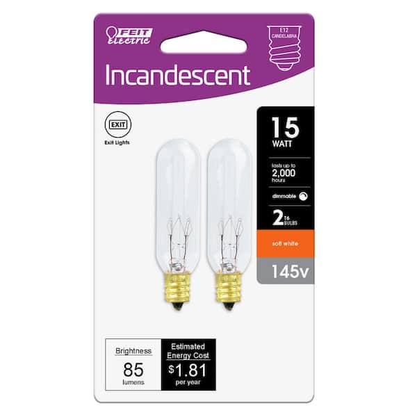 Luxe getrouwd Brein Feit Electric 15-Watt Soft White (2700K) T6 Dimmable 145V Candelabra E12  Base Incandescent Light Bulb (144-Pack) BP15T6/2-145/HDRP/72 - The Home  Depot