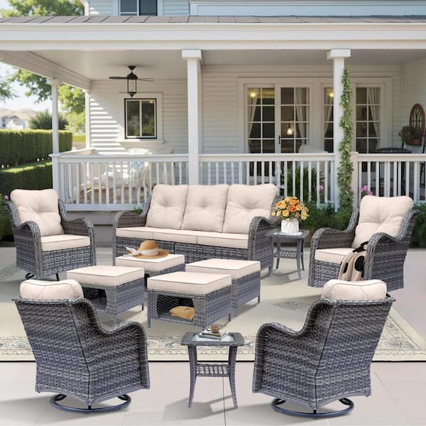 DWIOM Gray 11-Piece Rattan Steel Patio Conversation Seating Sofa Set Swivel Rocking Chairs Ottomans with Beige Cushions
