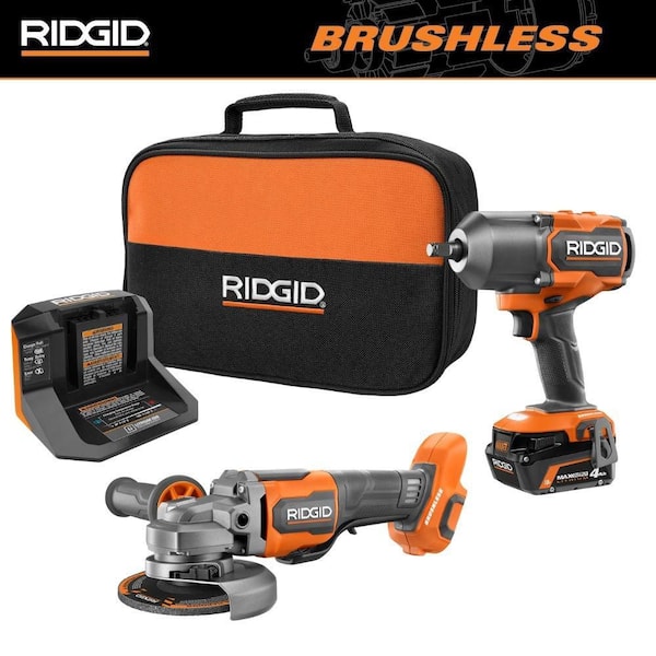 18V Brushless Cordless 2-Tool Combo Kit with High-Torque Impact Wrench, Angle Grinder, 4.0 Ah Battery, and Charger