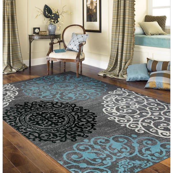 World Rug Gallery Contemporary Floral Nonslip (NonSkid) Gray 5'3 inch x 7'3 inch Indoor Area Rug