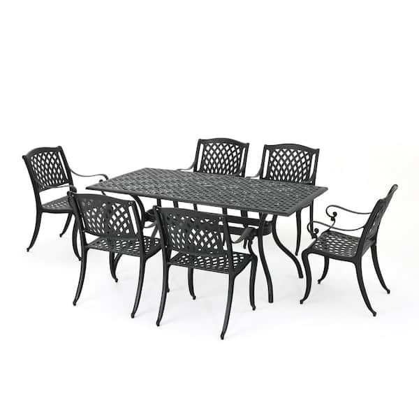 Noble House Cayman Black 7 Piece Cast, Aluminum Outdoor Furniture Dining Set