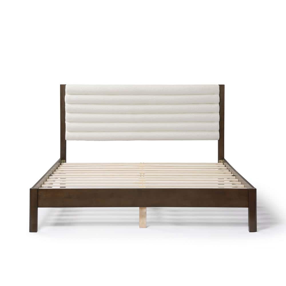 Adin Queen Dark Walnut Wood Frame Bed with White Boucle Upholstered Headboard