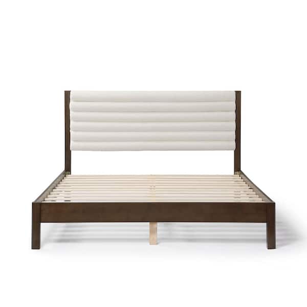 Adin Dark Walnut Wood Frame Queen Platform Bed with Boucle Upholstery