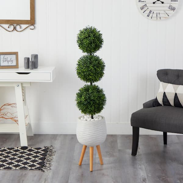 Nearly Natural 51 in. Indoor/Outdoor Boxwood Triple Ball Topiary Artificial Tree in White Planter with Stand
