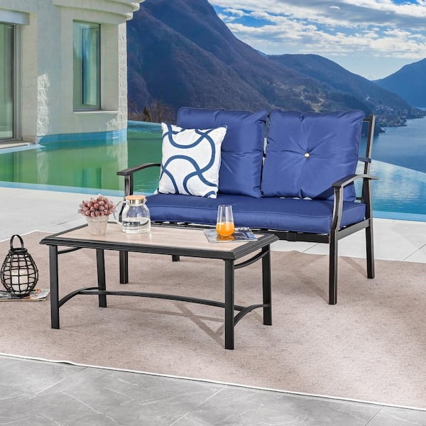 2-Piece Metal Patio Conversation Set with Blue Cushions