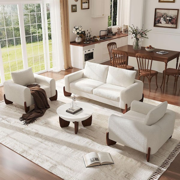 Modern 3-Piece Beige Boucle Fabric Living Room Set Sofa Set with 1 Loveseat, 2 Arm Chairs, Unique Rubber Wood Legs