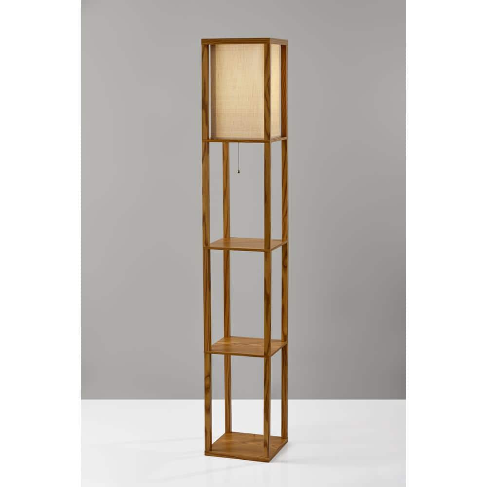 Natural Wood Veneer 63'' Floor Lamp with Textured Shade and Shelves