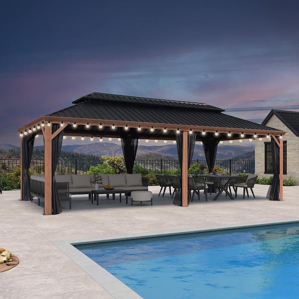 12 ft. x 24 ft. Wood Grain Patio Outdoor Gazebo for Backyard Hardtop Aluminum Frame with Hooks Upgrade Netting 48-Lights