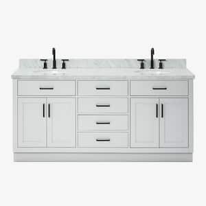 Hepburn 73 in. W x 22 in. D x 36 in. H Bath Vanity in Grey with Carrara Marble Vanity Top in White with White Basins