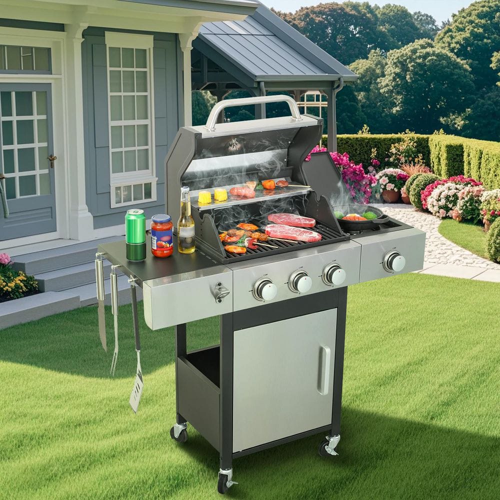 3-Burner Propane Stainless Steel Gas Grill in Silver with Side Burner and Condiment Rack, and Built-in Thermometer