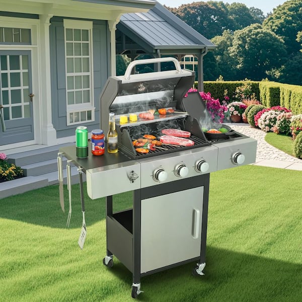 3-Burner Propane Stainless Steel Gas Grill in Silver with Side Burner and Condiment Rack, and Built-in Thermometer
