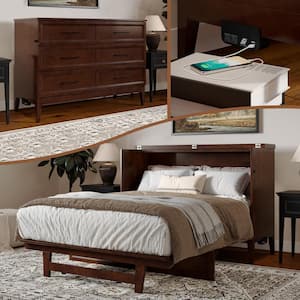 Santa Fe Walnut Brown Solid Wood Frame Full Murphy Bed Chest with Mattress and Built-in Charger