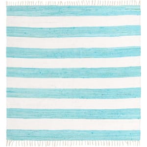 Chindi Rag Striped Turquoise and Ivory 7 ft. 10 in. x 7 ft. 10 in. Area Rug
