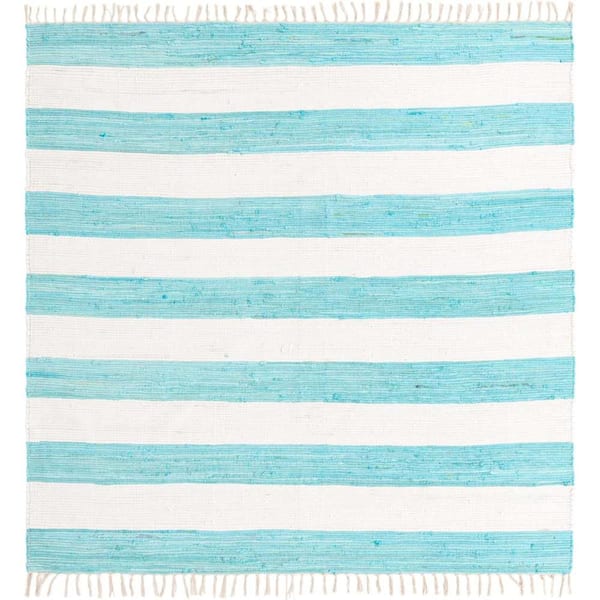 Unique Loom Chindi Rag Striped Turquoise and Ivory 7 ft. 10 in. x 7 ft. 10 in. Area Rug