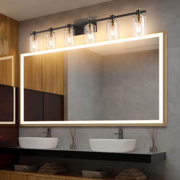 42.32 in. 6 Light Black and Gold Bathroom Vanity Light with Cylinder Clear Glass shades