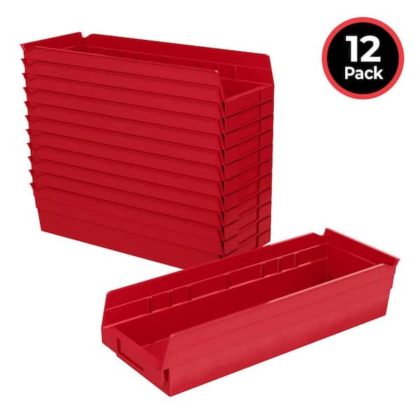 30138 Plastic Storage Shelf Bins, 18 in. D x 6 1/2 in. W x 5 in. H, Red, 12-pack