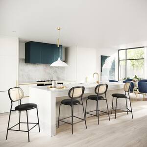 24 in. Black Rattan Counter Height Bar Stools with Faux Leather Seat (Set of 4)