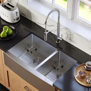 16-Gauge Stainless Steel 33 in. Double Bowl Farmhouse Apron Front Kitchen Sink with Grid and Basket Strainer