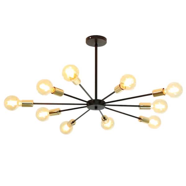 10-Light Black Sputnik Industrial Chandelier for Living Dining Room Hotel, with Gold Lamp Cup