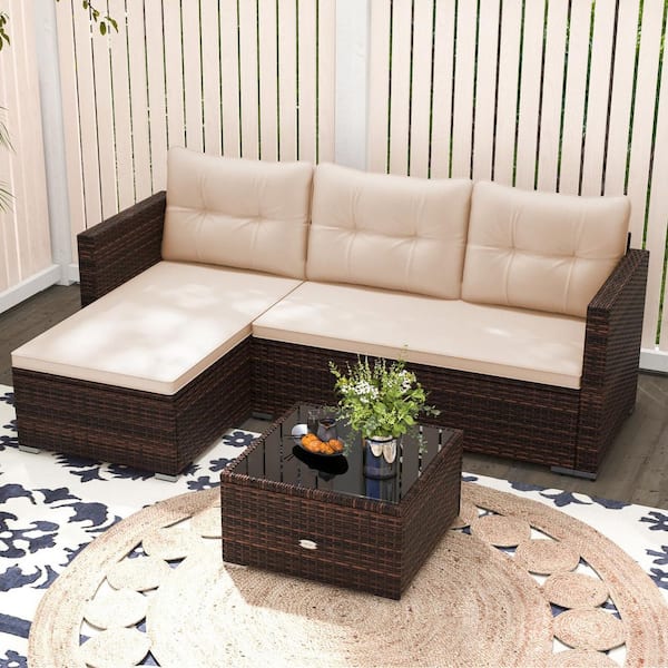 FORCLOVER 2-Piece Wicker L-Shaped Patio Conversation Set with Beige Cushions, Coffee Table