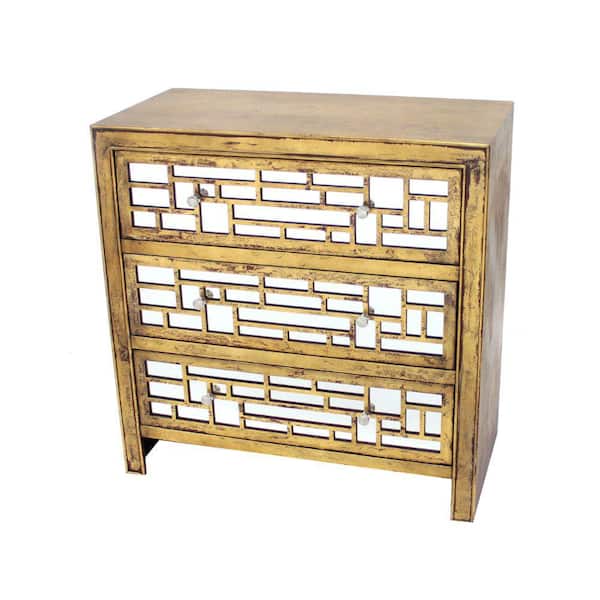 Benjara Gold and Silver Wood and Mirror Trim Storage Cabinet with 3-Drawers