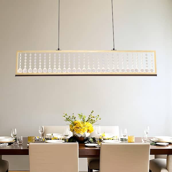 40 in. Modern Black 1-Light Dimmable LED Solid Wood Rectangular Crystal Beaded Pendant Light Chandelier for Dining Room