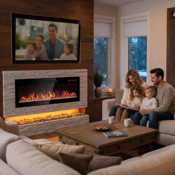 60 in. 1400-Watt Black 5000 BTU Recessed Electric Fireplace Utility Convection Infrared Space Heater with Remote