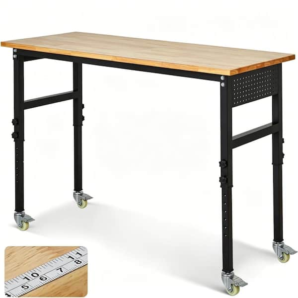 48" Adjustable Workbench on Wheels,2000 LBS Heavy Duty Work Table,Rubber Wood Top Work Table with Pegboard & Hooks