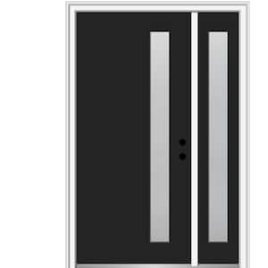 53 in. x 81.75 in. Viola Frosted Glass Left-Hand Inswing 1-Lite Midcentury Painted Steel Prehung Front Door w/ Sidelite