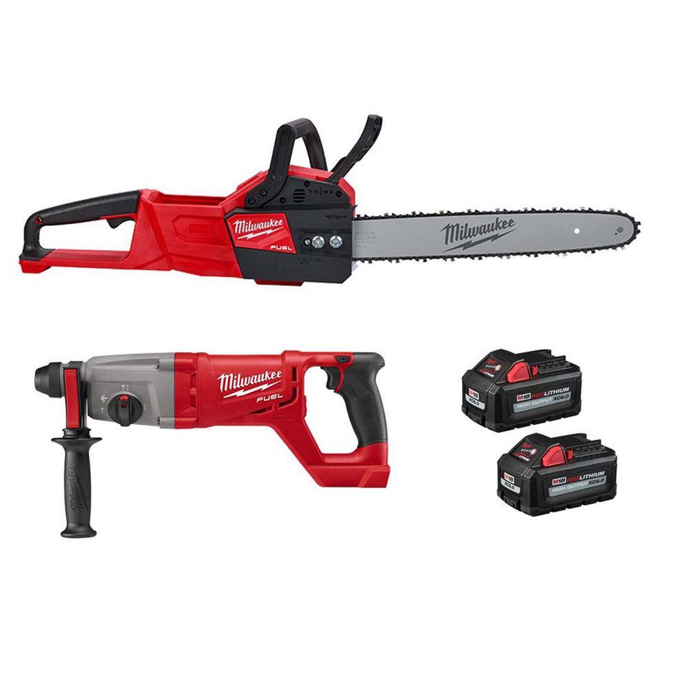 Milwaukee M18 FUEL 16 in. 18-Volt Brushless Battery Electric Chainsaw w/1 in. SDS-Plus D-Handle Rotary Hammer, Two 6Ah Batteries -  2727-1362