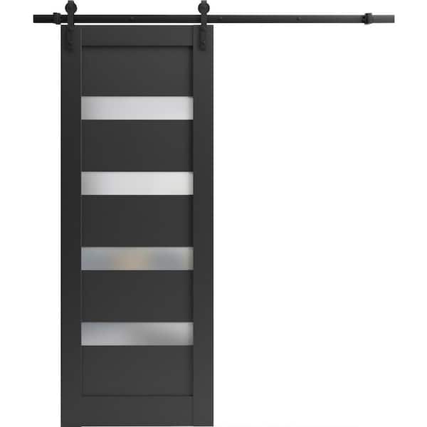 Assembly Required 36 in. x 96 in. 1-Panel Frosted Glass Black Matte Wood Sliding Barn Door with Hardware Kit