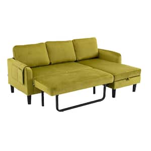 73 in. Modern Olive Green Velvet Reversible Sleeper Sectional Sofa Bed with Side Pocket and Storage Chaise