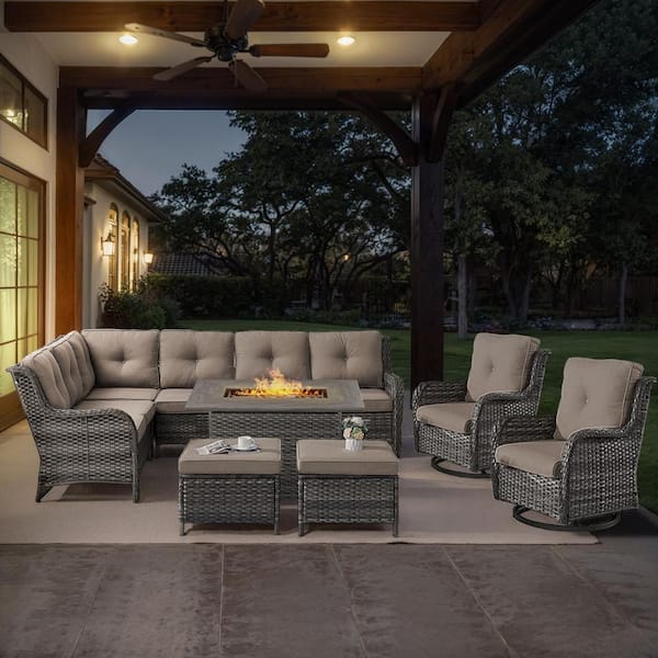Gray 6-Piece Wicker Patio Fire Pit Set, Outdoor Sectional Seating Set with Olefin Gray Cushions and Swivel Rockers