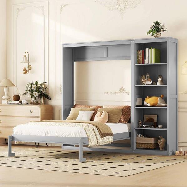 Qualler Gray Wood Frame Queen Size Murphy Bed with Shelves FSUMLK697E ...