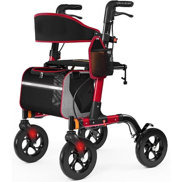 4-Wheel Red Aluminum Lightweight Foldable Rollator with Seat ,6 Adjustable Height Position and 8 in. Wheel