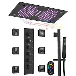 Thermostatic 31-Spray 28 x 16 in. Rectangle LED Mood Lighting Bluetooth Music Shower System with Valve in Matte Black