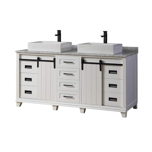 Direct vanity sink Chanceton 72 in. W x 25 in. D x 34 in. H Vanity in White with White Carrara Marble Top with Vessel Sinks