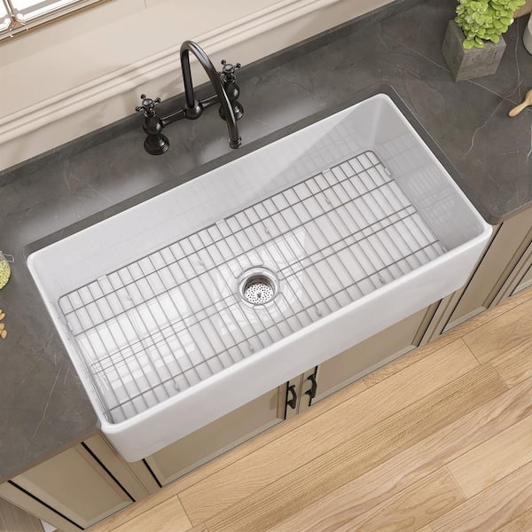 NTQ 33 in. Farmhouse Sinks for Kitchens Single Bowl White Apron Front Deep Sink Fireclay Sink with Bottom Grid and Strainer