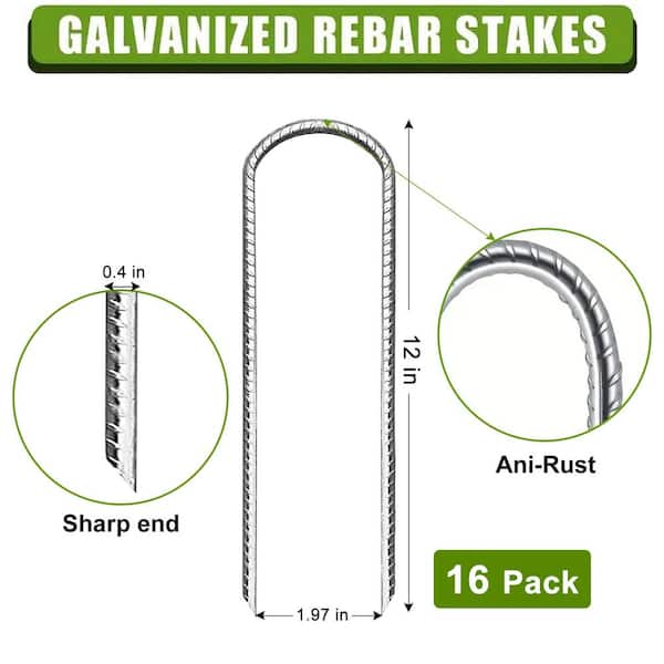 0.4 in. x 12 in. Rebar Stakes U Hook Extra Heavy-Duty, Garden Stake Steel Stakes Tent Stakes (16-Pack)