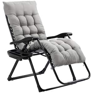 Black Metal Outdoor Zero Gravity Folding Reclining Lounge Chair with Gray Cushion and Side Tray