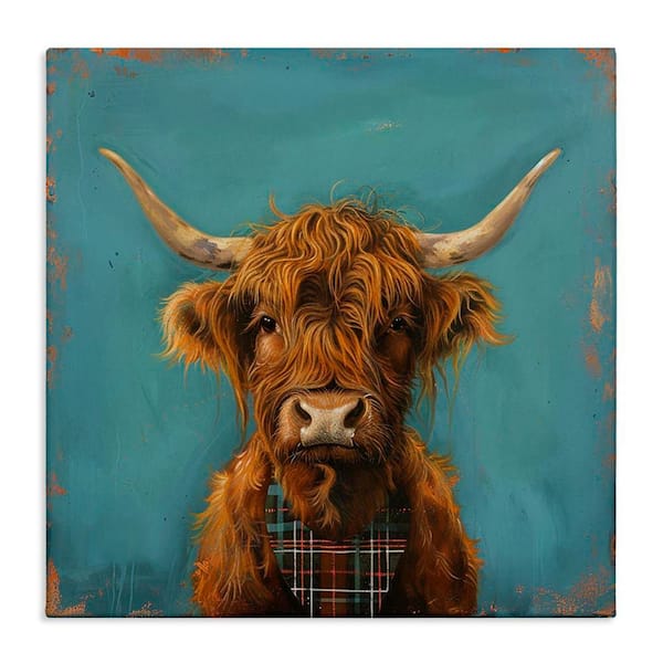 Stupell Industries Highland Cow on Blue by LSR Design Studio Unframed Animal Graphic Art Print 17 in. x 17 in.