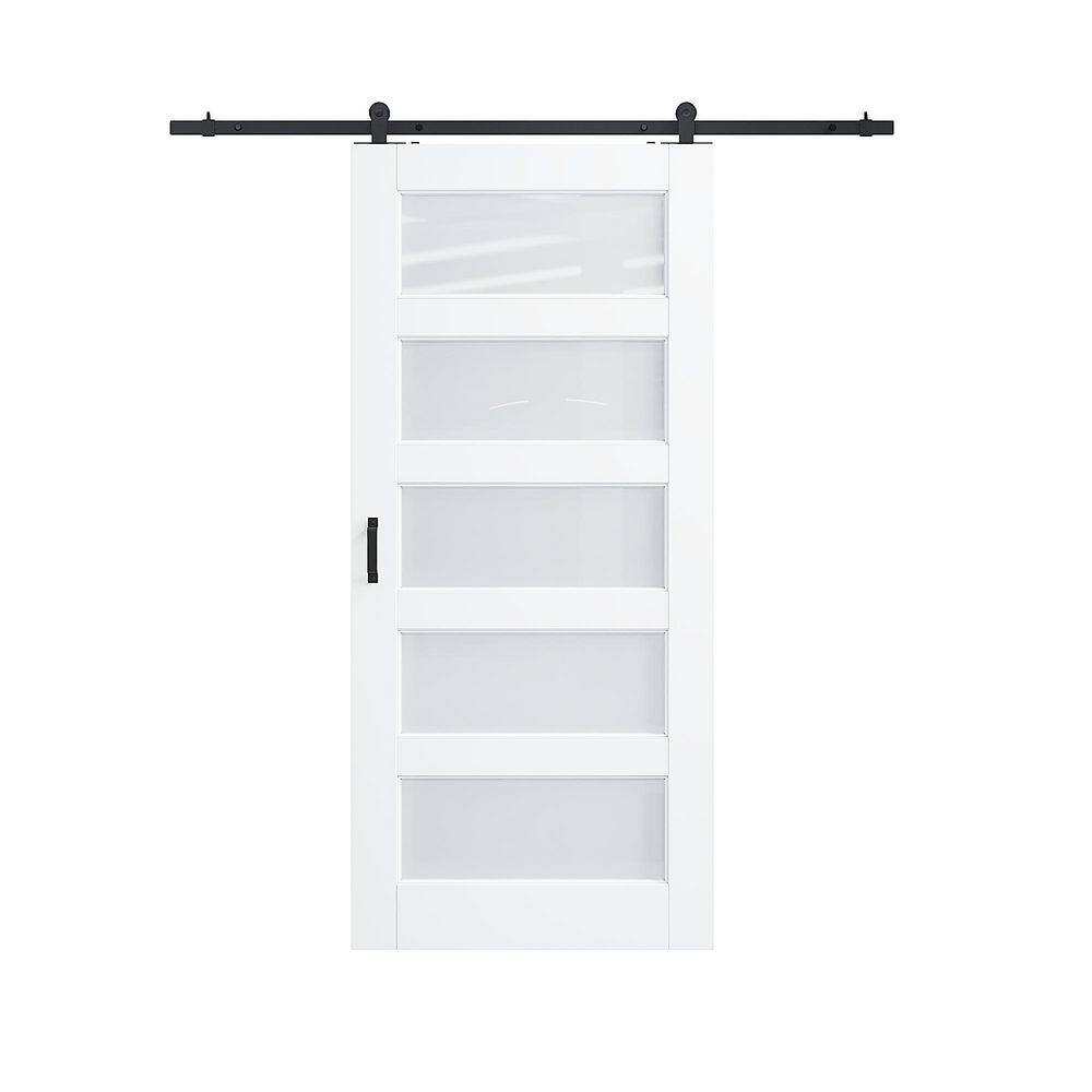 36 in. x 80 in. 5 Lite Frosted Glass White Primed MDF Top Mount Sliding Barn Door with Hardware Kit (T Shape Hanger) price history on PriceWatchPro