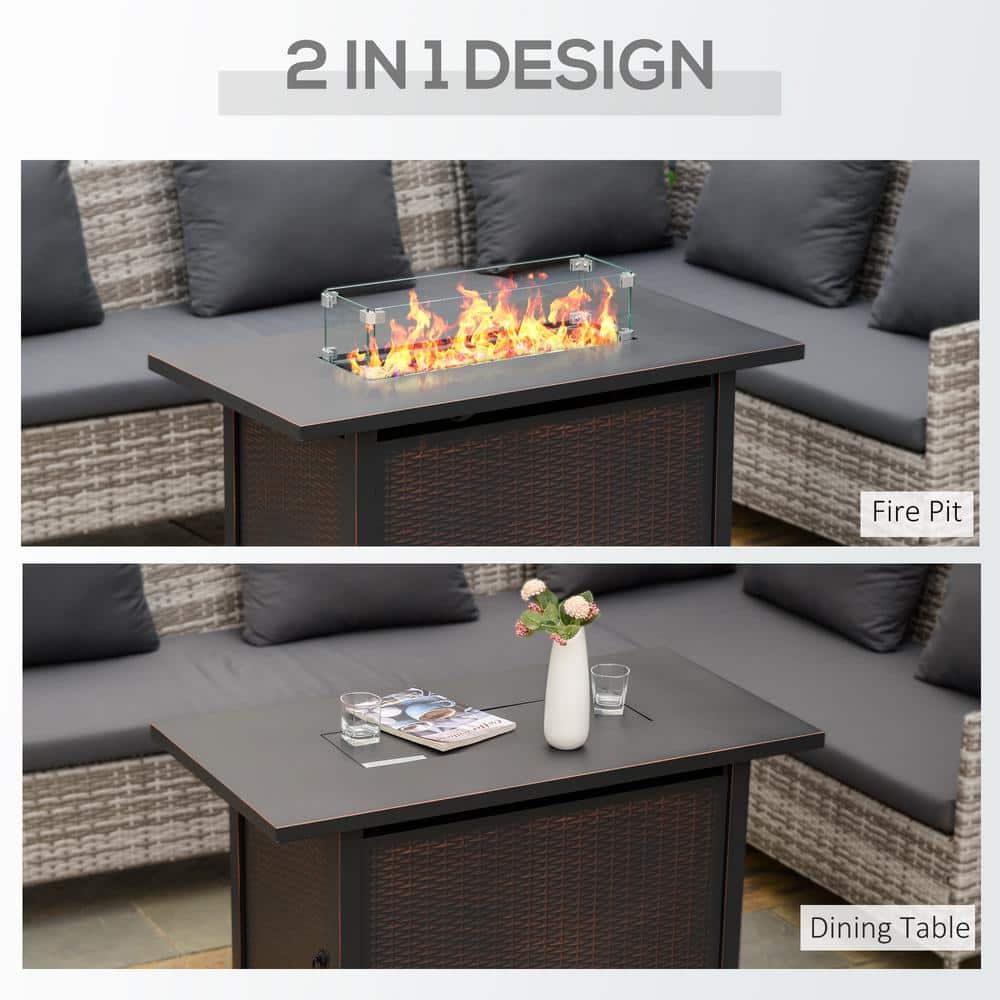 Bronze Rectangular Gas Fire Pit Table with Glass Wind Guard